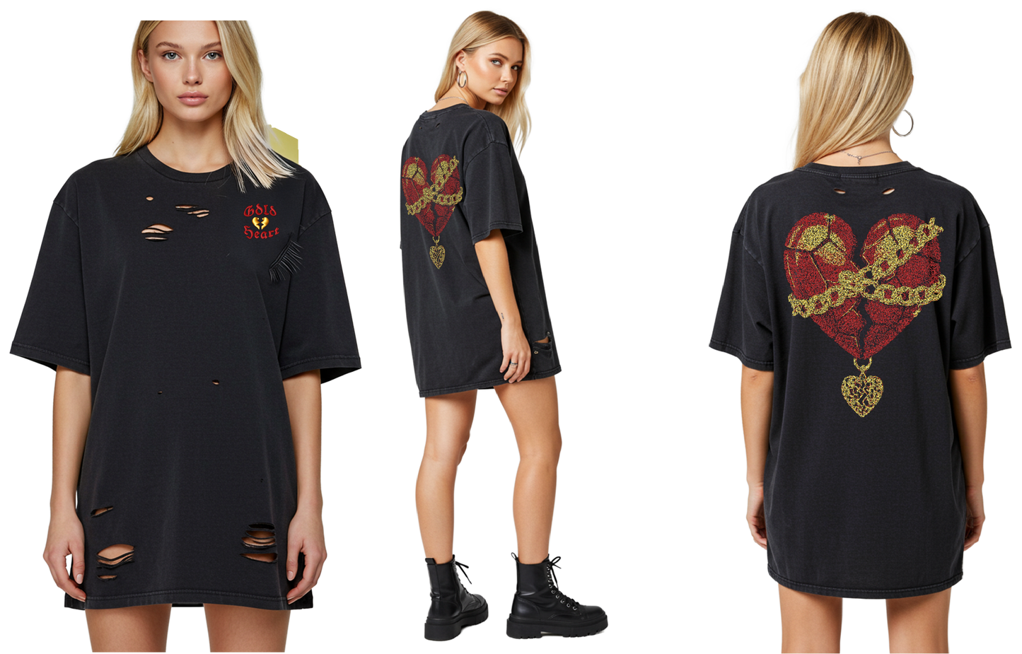 Gold Heart Embroidered "Mended Gold Tee"