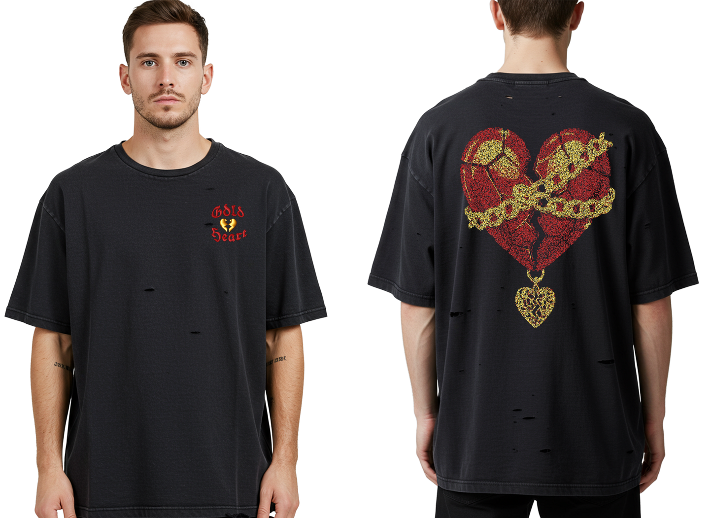Gold Heart Embroidered "Mended Gold Tee"