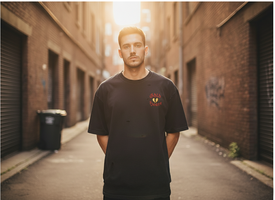 Gold Heart Embroidered "Mended Gold Tee"